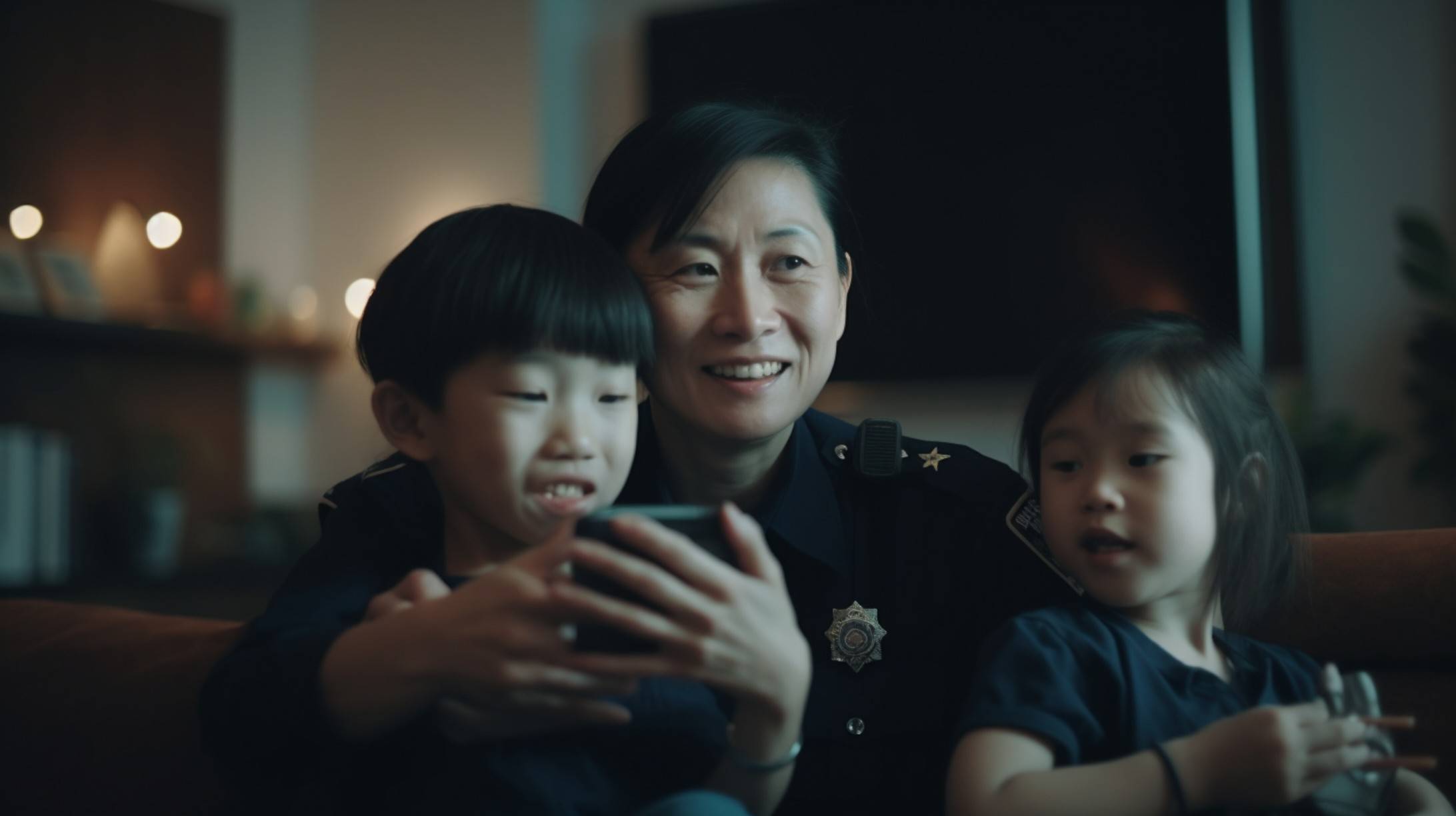 Police woman at home with kids